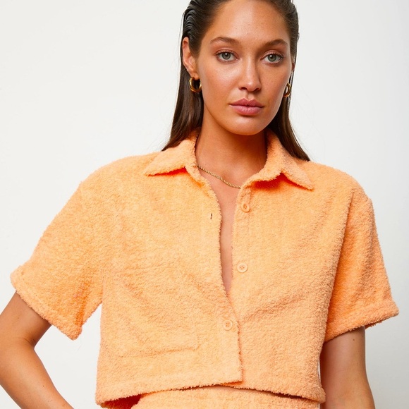 Atoir AUS The Santorini Mango Orange Terry Cloth Cropped Button Down Top S - Picture 1 of 11